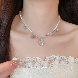Light Luxury Faux Pearl Beaded Heart Zircon Butterfly Pendant Necklace Vintage Palace Choker For Women