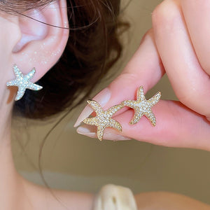 18K Gold Plated Copper Star Stud Earrings With Silver Posts Full Zircon Light Luxury Design