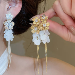 Sweet Vacation Style Resin Flower Zircon Tassel Drop Earrings With Silver Posts