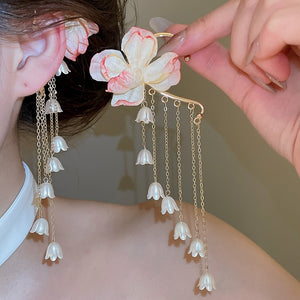 Sweet Fabric Flower Faux Pearl Tassel Drop Earrings For Vacation Style Women