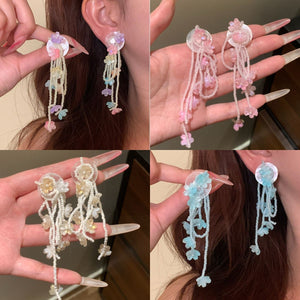Resin Floral Beaded Tassel Drop Earrings For Women, Cute Colorful Flower Beach Vacation Jewelry