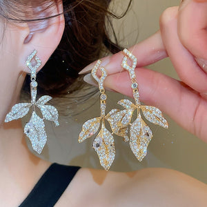Luxury Copper Leaf Drop Earrings With Sparkling Zirconia And Silver Posts