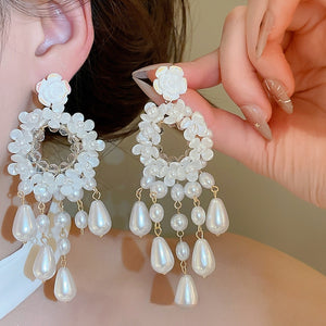 French Vintage Crystal Flower Faux Pearl Drop Earrings Sweet Princess Floral Silver Needle Jewelry