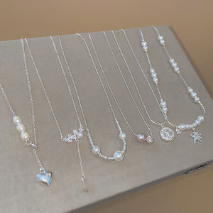 Light Luxury Faux Pearl Zircon Beaded Pendant Necklace, Geometric Round Elegant Collarbone Chain for Women