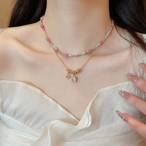Light Luxury Copper Zircon Crystal Beaded Geometric Choker Necklace For Summer Vacation