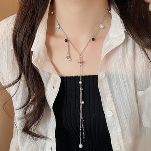 Sweet Cool Faux Pearl Crystal Beaded Tassel Saturn Pendant Clavicle Necklace For Women