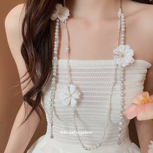 Sparkling Rhinestone Fabric Flower Faux Pearl Long Sweater Necklace French Princess Style