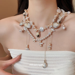 Double Layer Shell Faux Pearl Necklace For Women, Bohemian Old Money Geometric Collarbone Jewelry