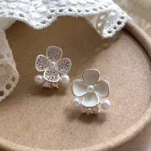 Light Luxury Asymmetric Flower Rhinestone Stud Earrings With Silver Pin And Enamel Detail