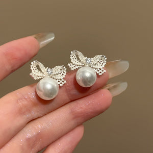 Silver Needle Zircon Bow Faux Pearl Stud Earrings French Elegant Light Luxury Office Jewelry