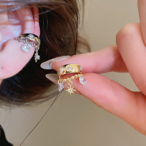 Sparkling Zircon Star Pendant Copper Clip-on Earrings Geometric Luxury Ear Cuff Style