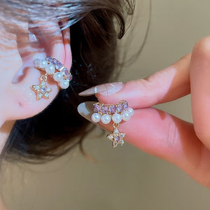 Sparkling Zircon Star Faux Pearl Clip-on Earrings For Women, Elegant No-Piercing Ear Cuffs