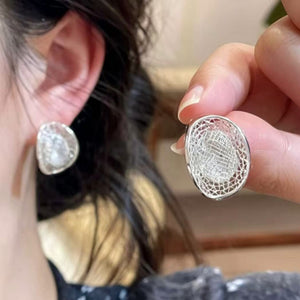 Silver Tone Hollow Mesh Oval Copper Stud Earrings Korean Minimalist Geometric Jewelry