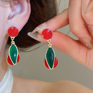 Vintage Alloy Silver Needle Enamel Cherry Pendant Drop Earrings For Women Light Luxury Style