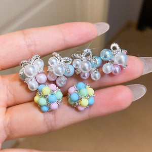 Sweet Grape Dopamine Bow Faux Pearl Stud Earrings Korean Fresh Geometric Round Light Luxury Jewelry