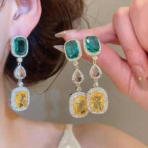 Vintage Copper Zircon Square Stud Earrings With Silver Posts, Retro Palace Style