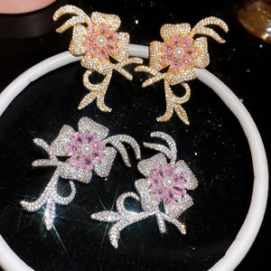 18K Gold Plated Zircon Flower Faux Pearl Stud Earrings For Women Light Luxury Elegant Jewelry