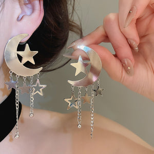 Y2K Alloy Moon Star Tassel Drop Earrings With Silver Posts, Geometric Sweet Cool Statement Jewelry