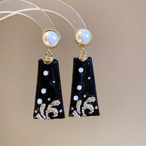 Vintage Geometric Square Rhinestone Enamel Silver Needle Drop Earrings For Women