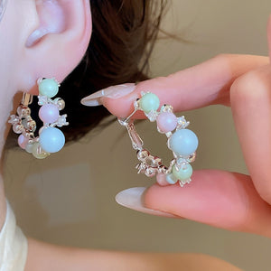 Dopamine Colorful Beaded Sparkling Zircon Hoop Earrings, Cream Sweet Girl Geometric Round Jewelry