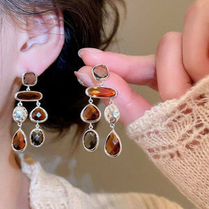 Vintage Maillard Artificial Crystal Teardrop Tassel Drop Earrings With Silver Needle Studs