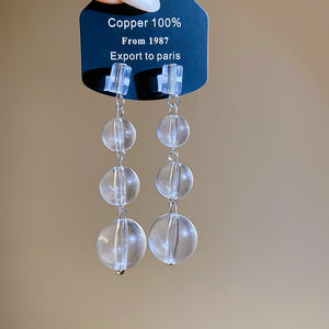 Transparent Glass Bead Round Pendant Tassel Drop Earrings With Silver Posts For Women
