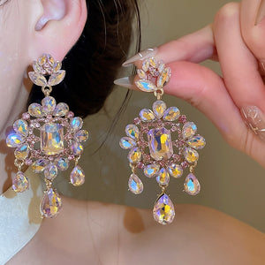 Alloy Rhinestone Flower Teardrop Drop Earrings Light Luxury Silver Needle Stud Style