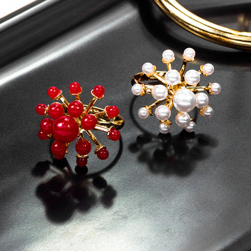 White Pearl Look Cluster Adjustable Gold Tone Ring