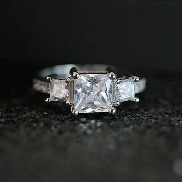 Silver Tone Princess Cut Crystal Three Stone Pavé Ring