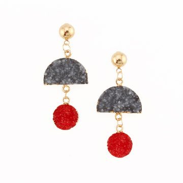Gold Tone Gray and Red Double Crystal Cluster Statement Earrings