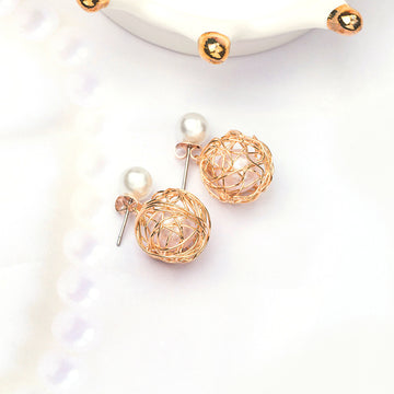 Pearl Look Faceted Center Wire Nest Round Stud Earrings