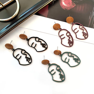 Wood Top Abstract Face Outline Statement Earrings in Three Colors