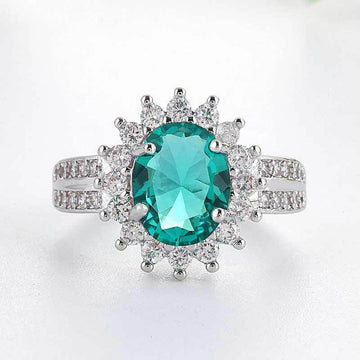 Silver Teal Oval Flower Halo Cubic Zirconia Cocktail Ring