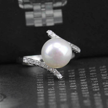 Silver Tone White Pearl Cross Band Crystal Ring Sizes 6-10