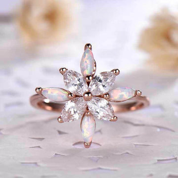 Rose Gold Tone Opalescent Flower Ring With Clear Stones
