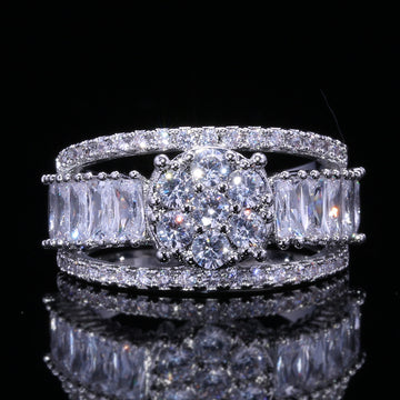 Silver Tone Wide Baguette and Floral Cluster Ring Design
