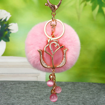 Jeweled Tulip Plush Pom Pom Keychains in Five Pictured Colors