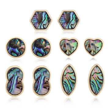 Gold Tone Abalone Shell Stud Earrings in Five Geometric Shapes