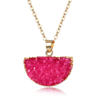 Gold Tone Druzy Semicircle Pendant Necklaces in Seven Colors