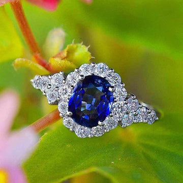 Deep Blue Oval Solitaire Floral Cluster Ring Silver Tone