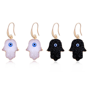 Gold Tone Druzy Hamsa Long Hook Earrings in Black or White