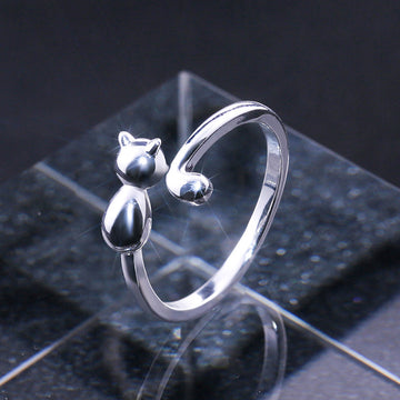 Silver Tone Open Cat Ring With Black Enamel Detail