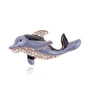 Gray Dolphin Enamel Brooch With Clear Crystal Belly and Fins