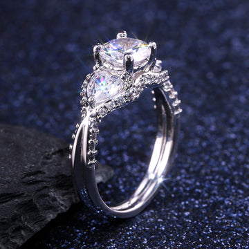 Silver Tone Heart Side Ring with Clear Center Stone