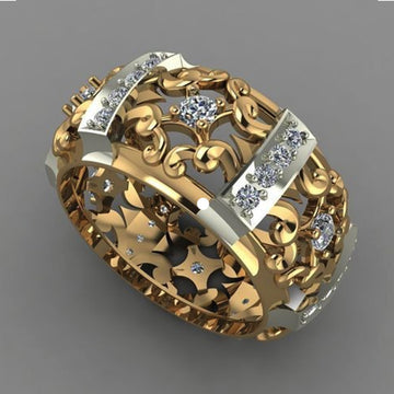Two Tone Gold Silver Filigree Openwork Clear Stone Band Ring