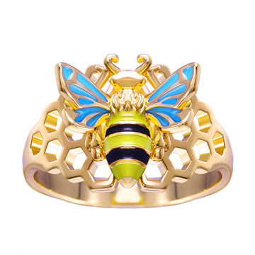 Gold And Silver-Tone Bee Ring With Blue Enamel Wings