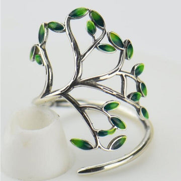 Silver Tone Green Leaf Branch Open Adjustable Finger Ring