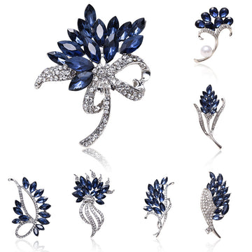 Blue Glass Floral and Leaf Brooch Collection with 17 Designs