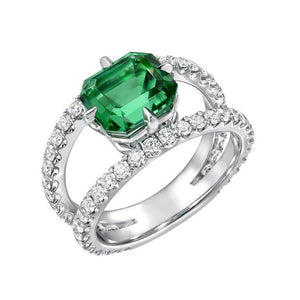 Green Emerald Cut Stone Double Band Ring In Silver Tone
