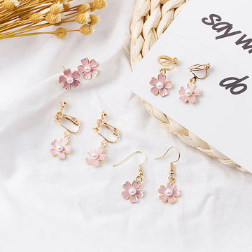 Pink Five Petal Flower Stud Hook and Clip Earrings
